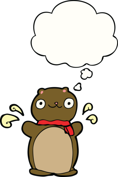 Bir insan tarafından çizilmiş düşünce baloncuklu mutlu oyuncak ayı.