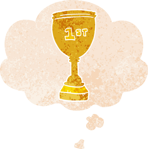 Düşünce baloncuklu çizgi film spor kupası grunge sıkıntı retro dokuma tarzı bir insan tarafından çizilmiş