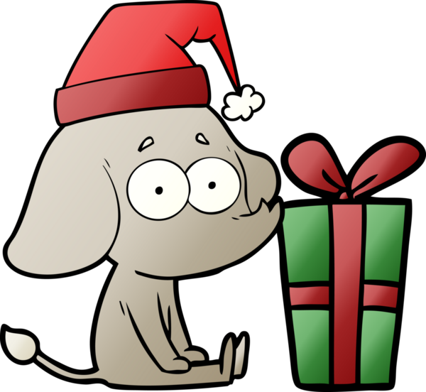 bir insan tarafından çizilmiş noel hediyesiyle yerde oturan kararsız bir fil.