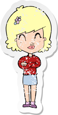 Çizgi filmdeki kederli, mutlu kadının kollarını bir insan tarafından katlanmış çıkartması.