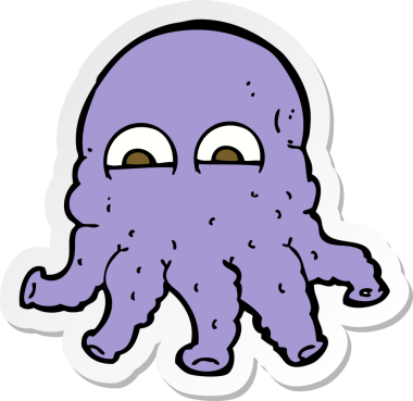 Bir insan tarafından çizilmiş uzaylı mürekkep balığı suratlı karikatür çıkartması.