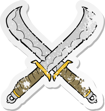 Bir insan tarafından çekilen çapraz kılıçlı çizgi filmin gerilimli çıkartması.