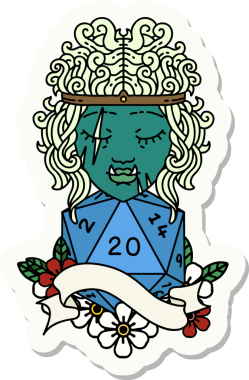 Bir insan tarafından çizilmiş 20 zarlı yarı ork barbar bir karakterin çıkartması.