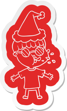 Bir adamın çizdiği Noel Baba şapkası takan gözlüklü bir çocuğun garip bir çizgi film çıkartması.