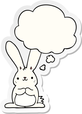 Düşünce baloncuklu çizgi film tavşanı insan tarafından çizilmiş bir çıkartma.