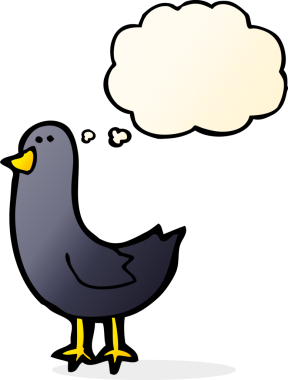 Bir insan tarafından çizilmiş düşünce baloncuklu çizgi film kuşu.