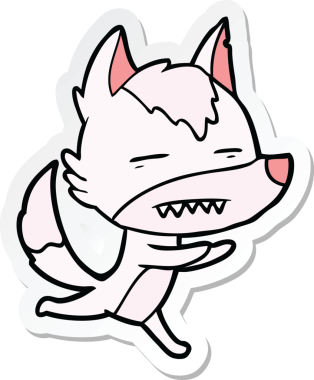 Bir insan tarafından çizilmiş dişleri gösteren bir kurt çizgi film etiketi.