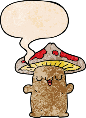 Bir insan tarafından çizilmiş eski moda konuşma baloncuğu olan mantar mantarlı bir yaratık.