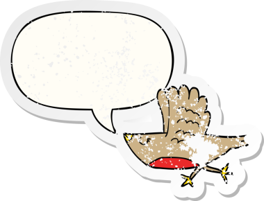 Konuşma baloncuğu olan çizgi film kuşu, bir insan tarafından çizilmiş sıkıntılı eski bir çıkartma.