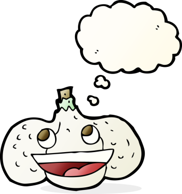 Bir insan tarafından çizilmiş düşünce baloncuklu sarımsak.