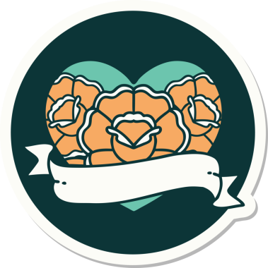 Geleneksel kalp stili dövme çıkartması ve bir insan tarafından çizilmiş çiçekli pankart.