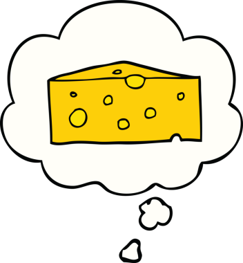 Bir insan tarafından çizilmiş düşünce baloncuklu çizgi film peyniri.