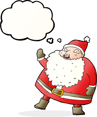 Bir insan tarafından çizilmiş düşünce baloncuklu komik Noel Baba çizgi filmi.