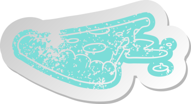 Bir insan tarafından çizilmiş bir dilim pizzanın sıkıntılı eski çizgi film etiketi.