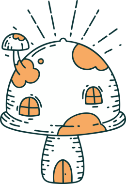 Bir insan tarafından çizilmiş geleneksel dövmeli mantar evi.