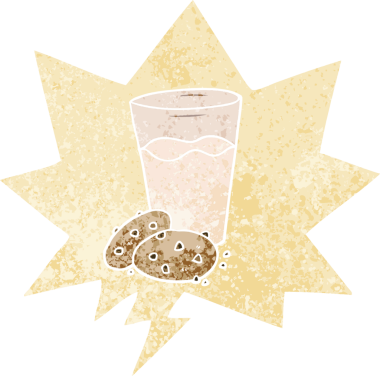 çizgi film kurabiyeleri ve süt ile konuşma kabarcığı grunge sıkıntılı retro tarzı bir insan tarafından çizilmiş