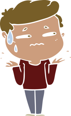 Düz renkli çizgi film. Bir insan tarafından çizilmiş kafası karışmış bir adam.