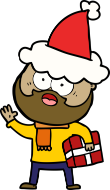 Bir insan tarafından çizilmiş Noel Baba şapkası giymiş sakallı bir adamın çizimi.