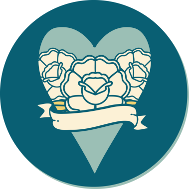 Geleneksel kalp stili dövme çıkartması ve bir insan tarafından çizilmiş çiçekli pankart.