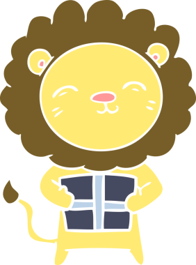 Bir insan tarafından çizilmiş noel hediyeli düz renkli çizgi film aslanı.