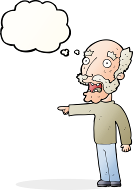 Bir insan tarafından çizilmiş düşünce baloncuğuyla işaret eden korkmuş yaşlı bir adam.