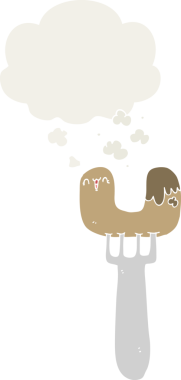 İnsan tarafından çizilmiş düşünce baloncuklu çatal üzerinde çizgi film sosisi.