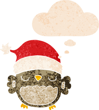 Sevimli noel baykuşu. Düşünce baloncuğu, grunge 'da sıkıntılı retro stili bir insan tarafından çizilmiş.