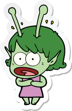 Bir insan tarafından çizilmiş uzaylı bir kızın karikatür çıkartması.