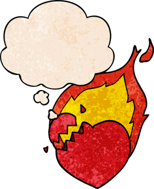 Bir insan tarafından çizilmiş grunge desenli düşünce baloncuklu yanan kalp çizgi filmi.