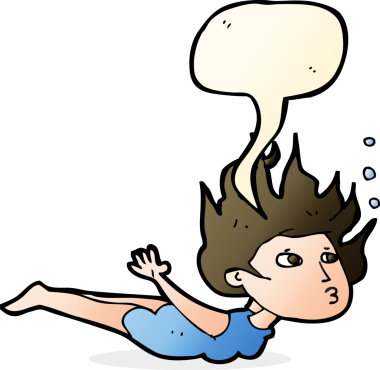 Bir insan tarafından çizilmiş konuşma baloncuğuyla suyun altında yüzen çizgi film kadını.