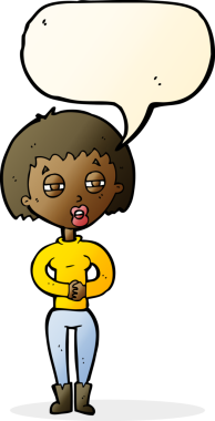 Bir insan tarafından çizilmiş konuşma balonu olan yorgun bir kadın çizgi filmi.