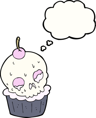 Bir insan tarafından çizilmiş düşünce baloncuklu Cadılar Bayramı pastası.