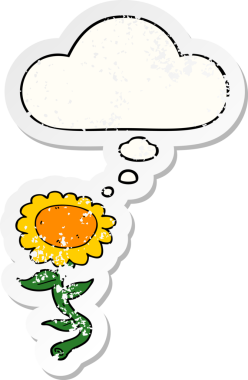 Düşünce baloncuğu olan karikatür ayçiçeği insan tarafından çizilmiş yıpranmış bir çıkartma gibi.