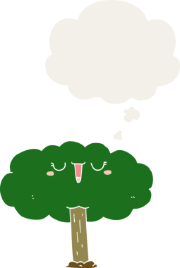 Düşünce baloncuğu olan çizgi film ağacı insan tarafından çizilmiş.