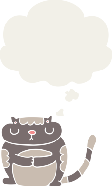 Bir insan tarafından çizilmiş düşünce baloncuğu olan sevimli çizgi film kedisi.