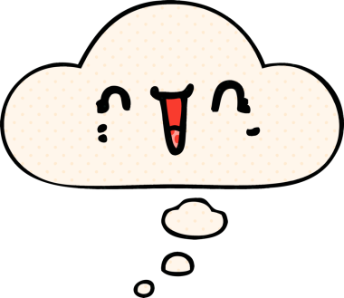 Bir insan tarafından çizilmiş, düşünce baloncuklu mutlu çizgi film yüzü.