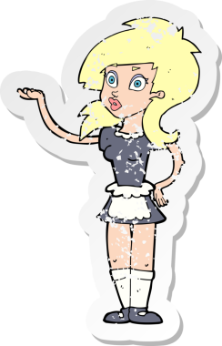 Bir karikatürün gerilimli çıkartması. Bir insan tarafından çizilmiş güzel bir garson.