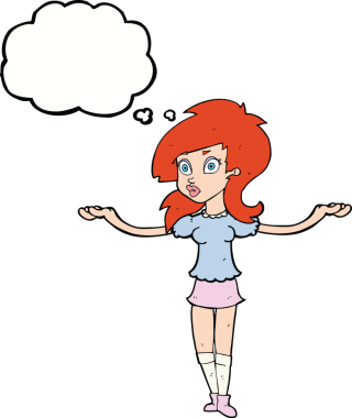 Bir insan tarafından çizilmiş düşünce baloncuğu ile kafası karışmış güzel bir kız.