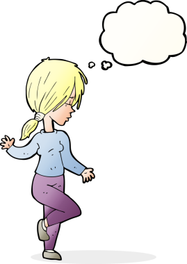 Bir insan tarafından çizilmiş düşünce baloncuğuyla dans eden çizgi film kızı.