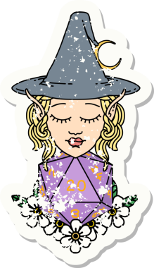 Bir insan tarafından çizilmiş doğal yirmi zarlı elf büyücü karakterinin grunge sticker 'ı.