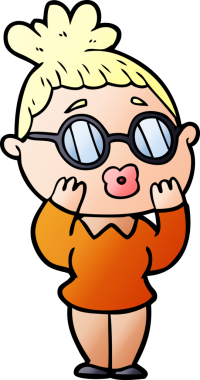 Bir insan tarafından çizilmiş gözlüklü bir karikatür kadın.