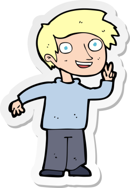 Bir insan tarafından çizilen fotoğraf için poz veren bir çizgi film çocuğunun çıkartması.