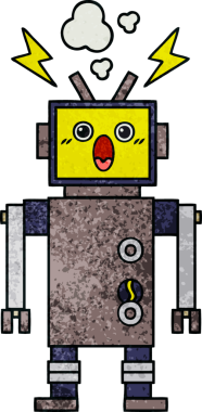 Bir insan tarafından çizilmiş arızalı bir robotun retro grunge desen karikatürü