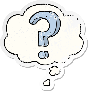 Düşünce baloncuklu çizgi film soru işareti bir insan tarafından çizilmiş yıpranmış bir çıkartma.