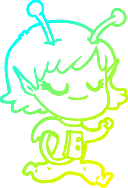 Bir insan tarafından çizilmiş gülümseyen uzaylı kız çizgi filmi.