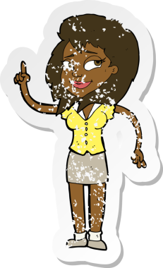 Bir insan tarafından çizilmiş, karikatürlü, kederli, güzel bir kadının retro yapıştırması.