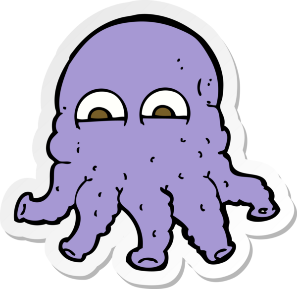 Bir insan tarafından çizilmiş uzaylı mürekkep balığı suratlı karikatür çıkartması.