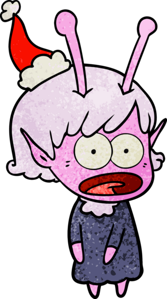 Şok olmuş uzaylı bir kızın insan tarafından çizilmiş Noel Baba şapkası giydiği el çizimi bir çizgi film.