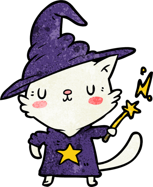 Bir insan tarafından çizilmiş büyüleyici çizgi film kedi sihirbazı.