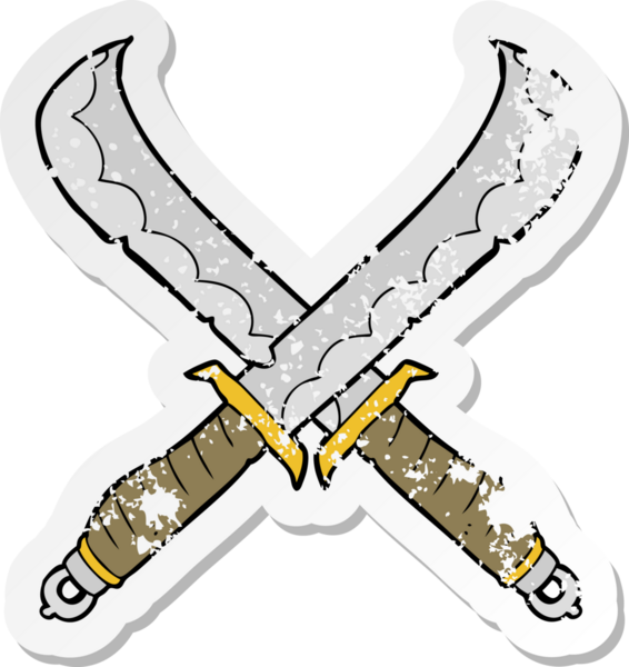 Bir insan tarafından çekilen çapraz kılıçlı çizgi filmin gerilimli çıkartması.